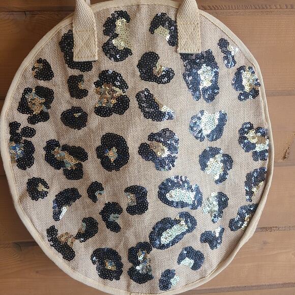 Mudpie Sequin Leopard Jute Tan Round Circle Beach Bag Tote Boho Beachy Purse - Picture 3 of 4